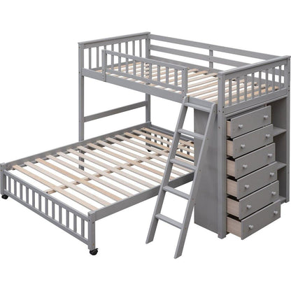 Wooden Twin Over Full Bunk Bed With Six Drawers And Flexible Shelves,Bottom Bed With Wheels,Gray