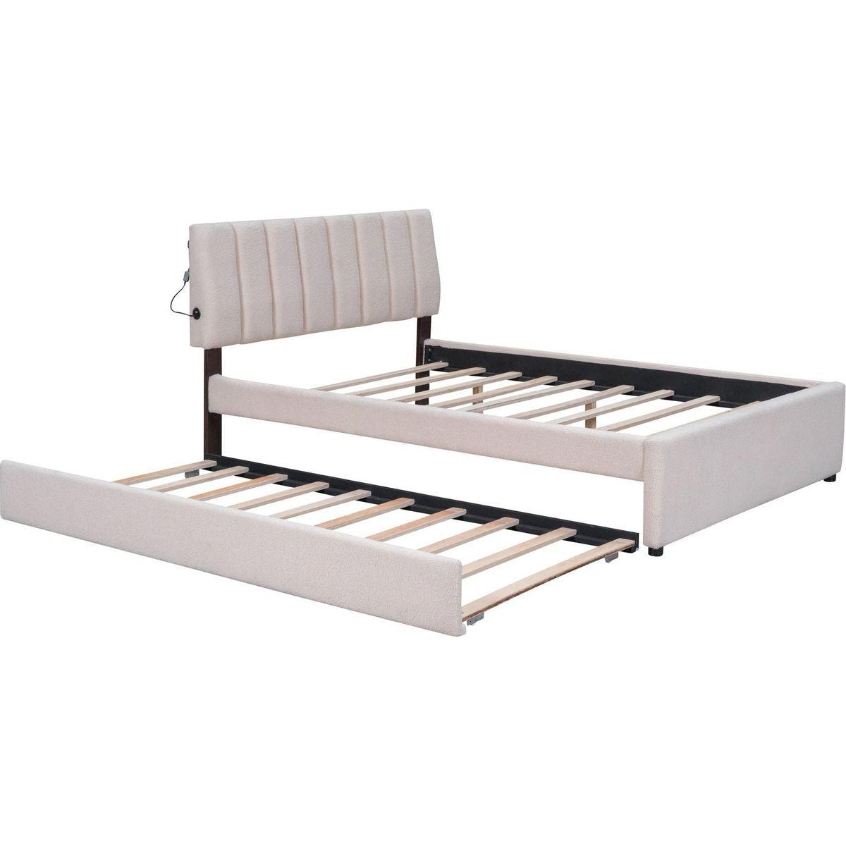 Teddy Fleece Full Size Upholstered Platform Bed with Trundle, Beige