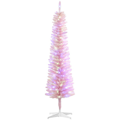 HOMCOM 5ft Tall Pencil Prelit Artificial Christmas Tree Holiday Décor with 250 Colorful Surface Branches, 150 Colorful LED Lights, Pink