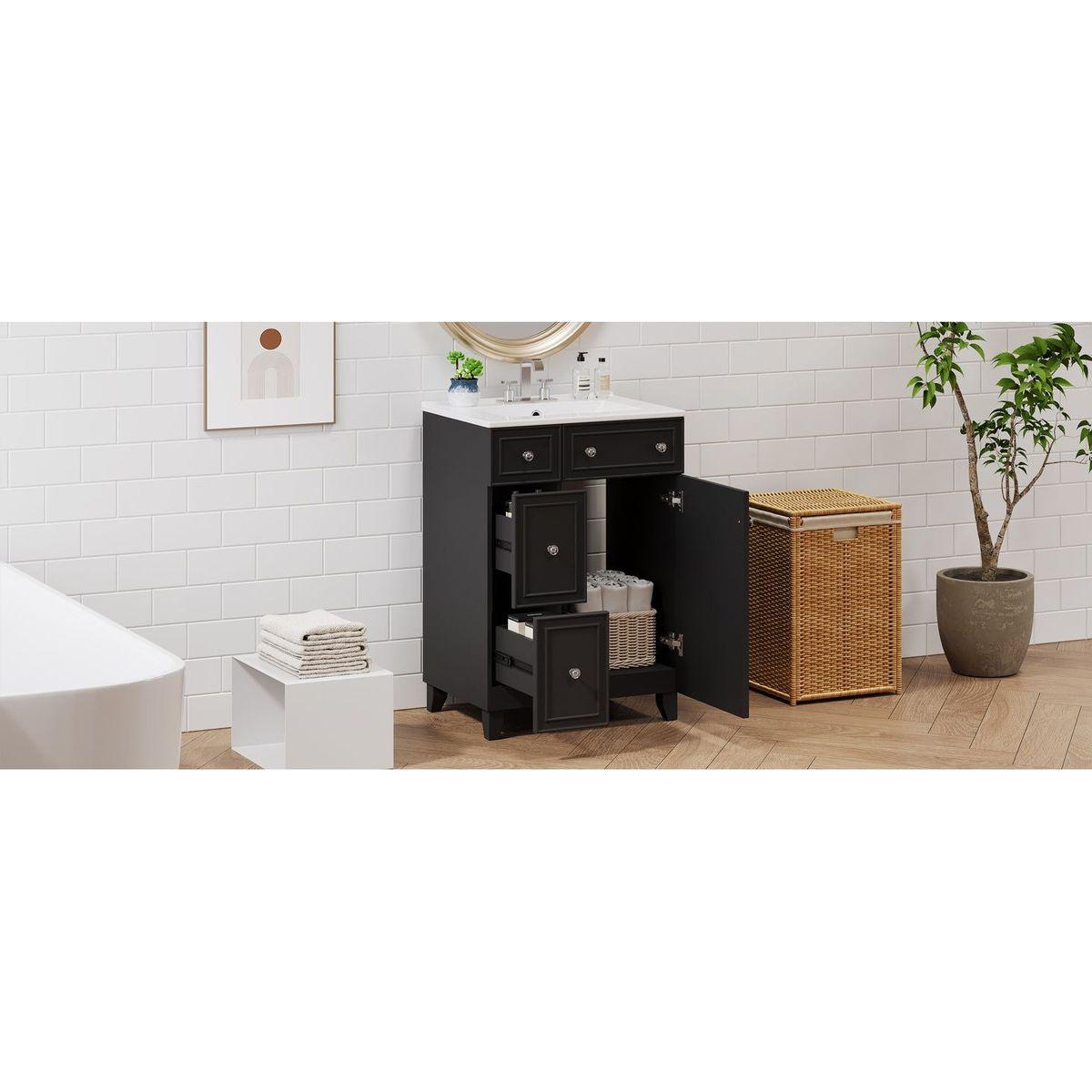 24-Inch Bathroom Vanity Cabinet with Ceramic Sink, 2 Drawers, 1 Door