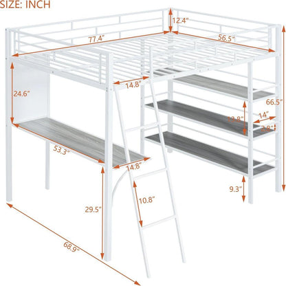 Full Size Loft Metal Bed with 3 Layers of Shelves and Desk, Stylish Metal Frame Bed with Whiteboard, White