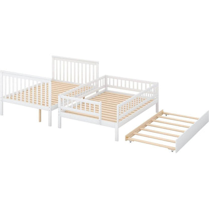 Full over Full Bunk Bed with Trundle and Staircase,White