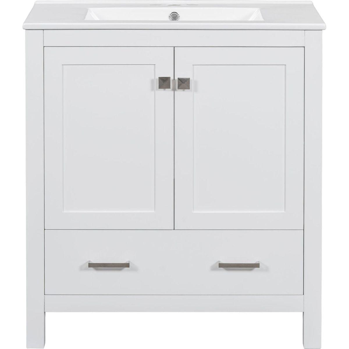 30" White Bathroom Vanity with Single Sink, Combo Cabinet Undermount Sink, Bathroom Storage Cabinet with 2 Doors and a Drawer, Soft Closing, Multifunctional Storage, Solid Wood Frame