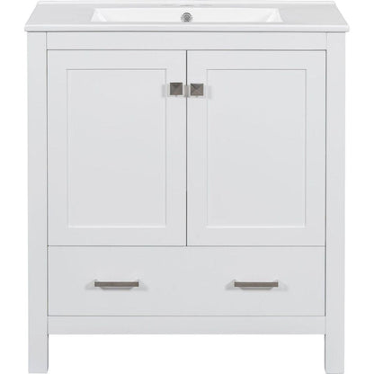 30" White Bathroom Vanity with Single Sink, Combo Cabinet Undermount Sink, Bathroom Storage Cabinet with 2 Doors and a Drawer, Soft Closing, Multifunctional Storage, Solid Wood Frame