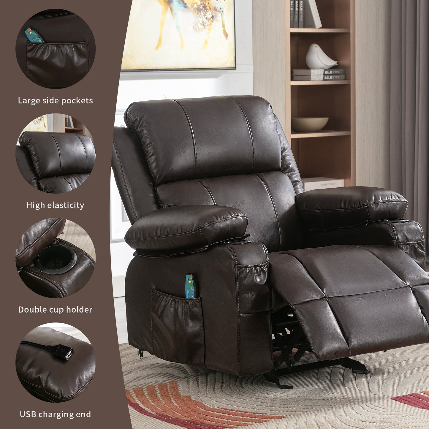 Vanbow.Recliner Chair Rocking Chairs for Adults Oversized with 2 Cup Holders, USB Charge Port Soft Features a Manual Massage and Heat.BROWN