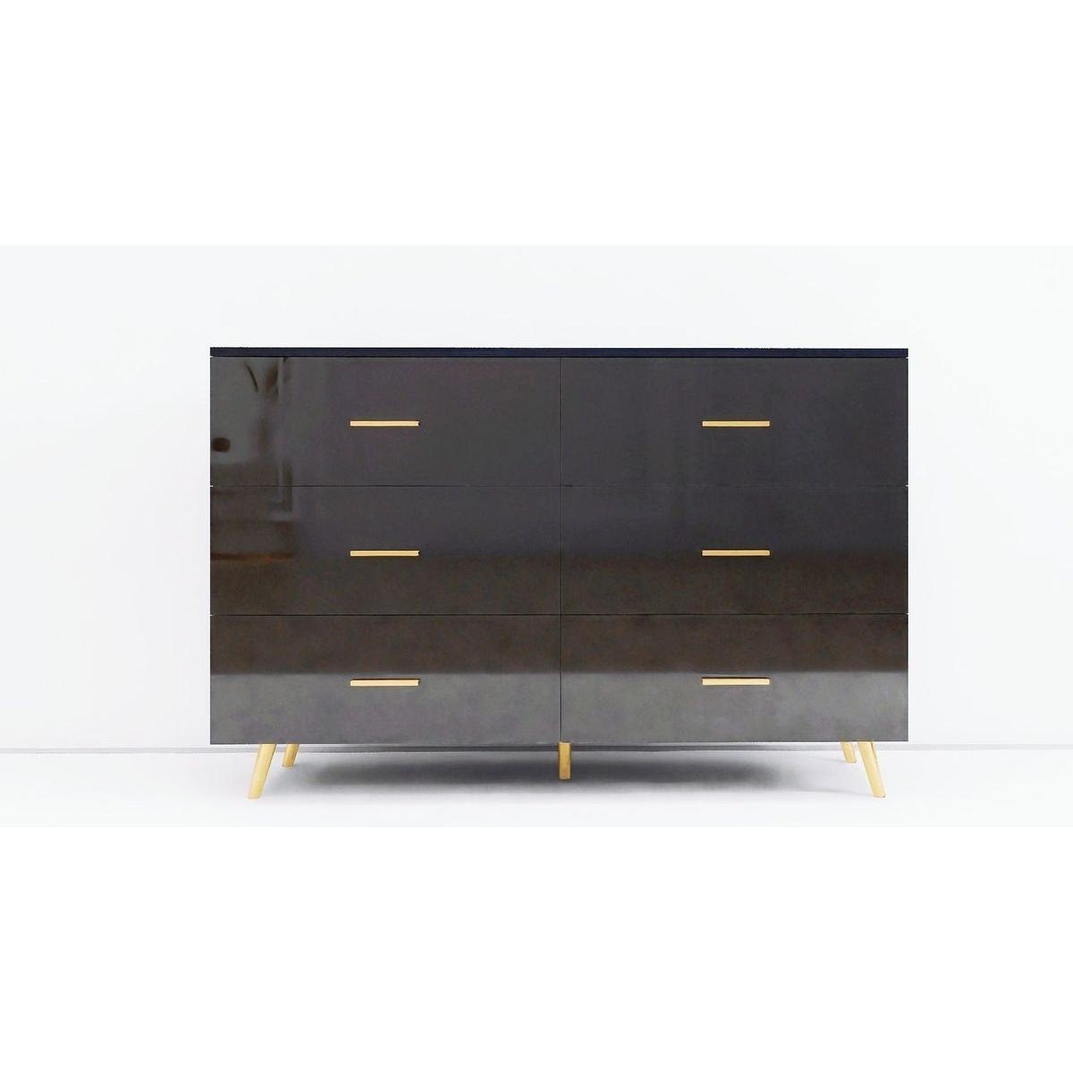 High Glossy Surface 6 Drawers Chest of Drawer with Golden Handle and Golden Steel Legs Black Color Vanity