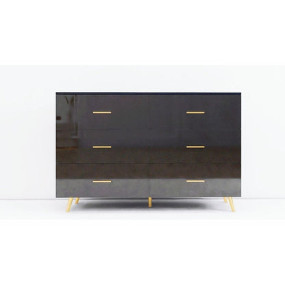 High Glossy Surface 6 Drawers Chest of Drawer with Golden Handle and Golden Steel Legs Black Color Vanity