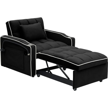 1 versatile foldable sofa bed in 3 lengths, modern sofa sofa sofa velvet pull-out bed, adjustable back and with USB port and ashtray and swivel phone stand black