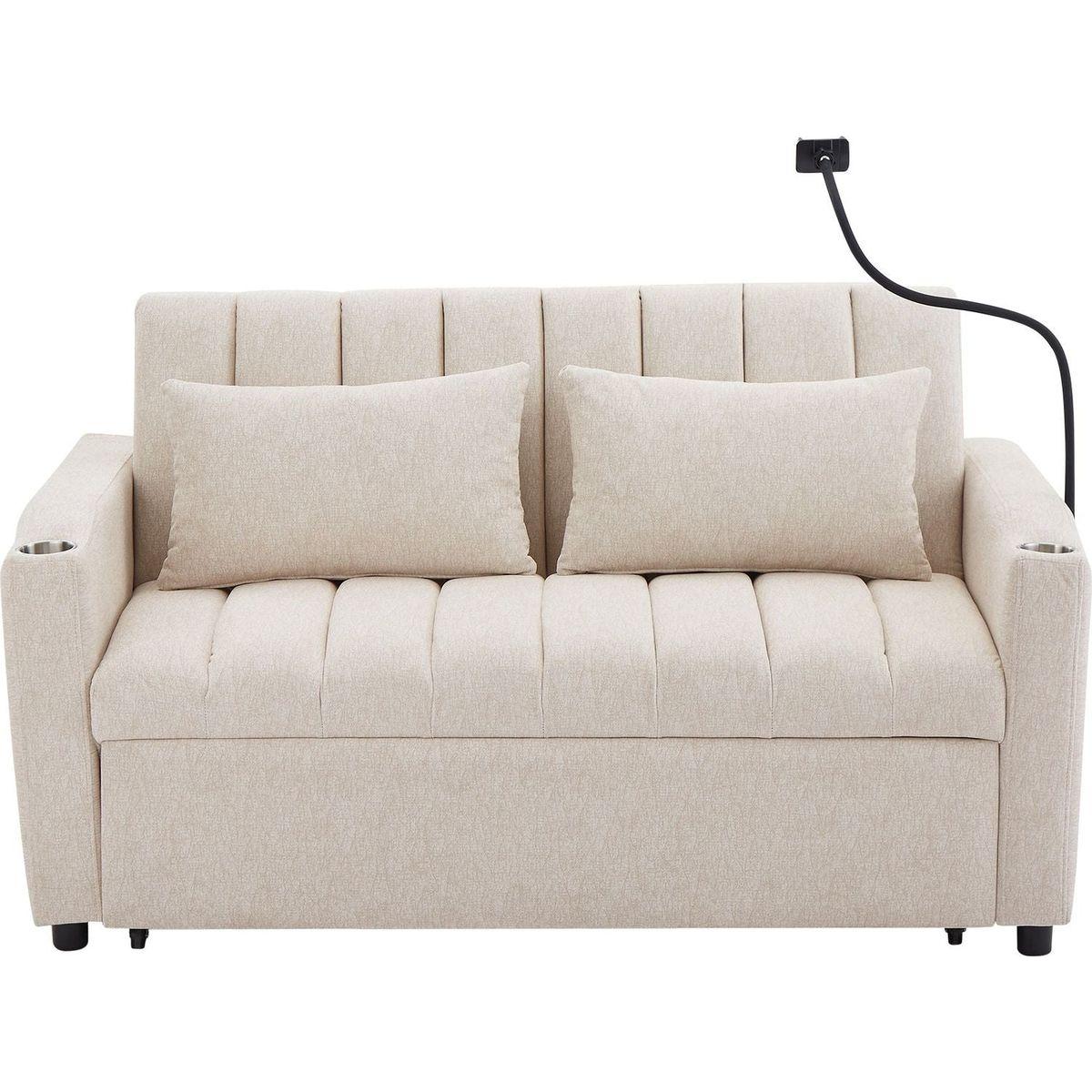 55.9" Convertible Sofa Bed Loveseat Sofa with Three USB Ports, Two Side Pockets, Two Cup Holders and 360Swivel Phone Holder for Living Room, Beige