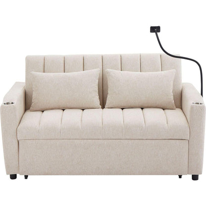 55.9" Convertible Sofa Bed Loveseat Sofa with Three USB Ports, Two Side Pockets, Two Cup Holders and 360Swivel Phone Holder for Living Room, Beige