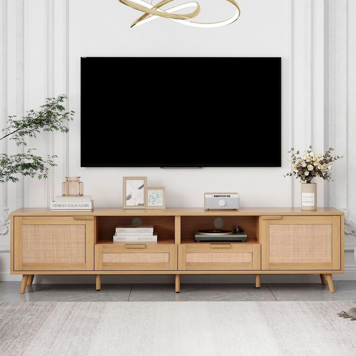 Rattan TV Stand for TVs up to 85", Modern Farmhouse Media Console, Entertainment Center with Solid Wood Legs, TV Cabinet for Living Room,Home Theatre