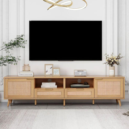 Rattan TV Stand for TVs up to 85", Modern Farmhouse Media Console, Entertainment Center with Solid Wood Legs, TV Cabinet for Living Room,Home Theatre