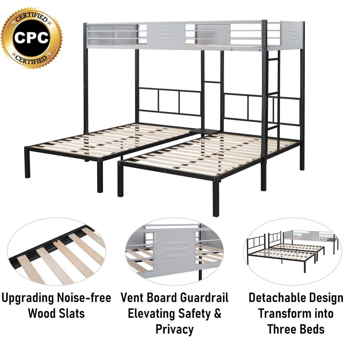 Triple Bunk Bed with Vent Board/ Sturdy Metal Frame/ Noise-Free Wood Slats/ Separatable into three beds/ No Box Spring Needed