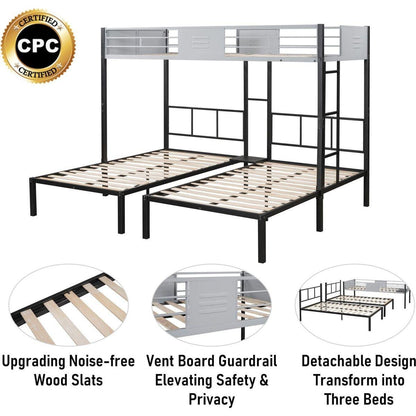Triple Bunk Bed with Vent Board/ Sturdy Metal Frame/ Noise-Free Wood Slats/ Separatable into three beds/ No Box Spring Needed