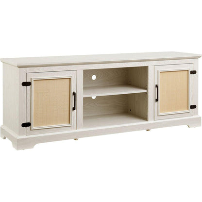 Farmhouse Rattan TV Stand Console Table for TVs up to 70 Inches, TV Console Table with 2 Storage Shelves, 2 Natural Rattan Door Cabinets,65"Wx15.55"Dx23.86"H, White