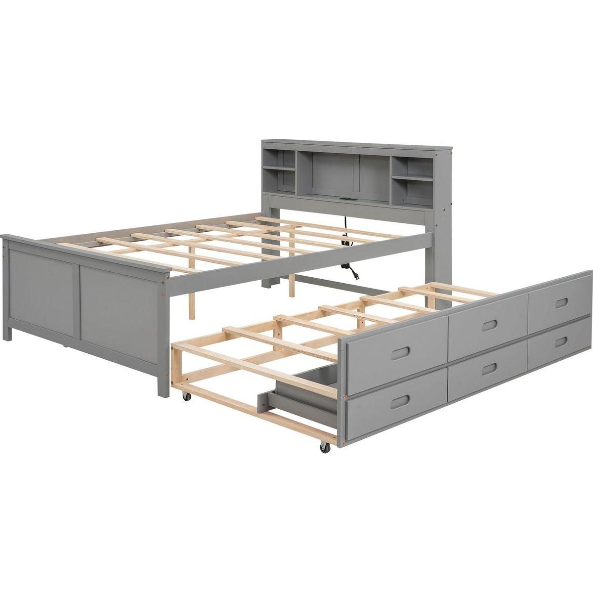 Full Size Platform Bed with Storage Headboard, USB, Twin Size Trundle and 3 Drawers, Gray