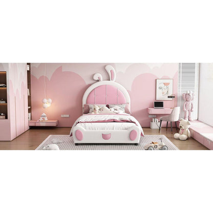 Twin Size Upholstered Platform Bed with Rabbit Shaped Headboard, White