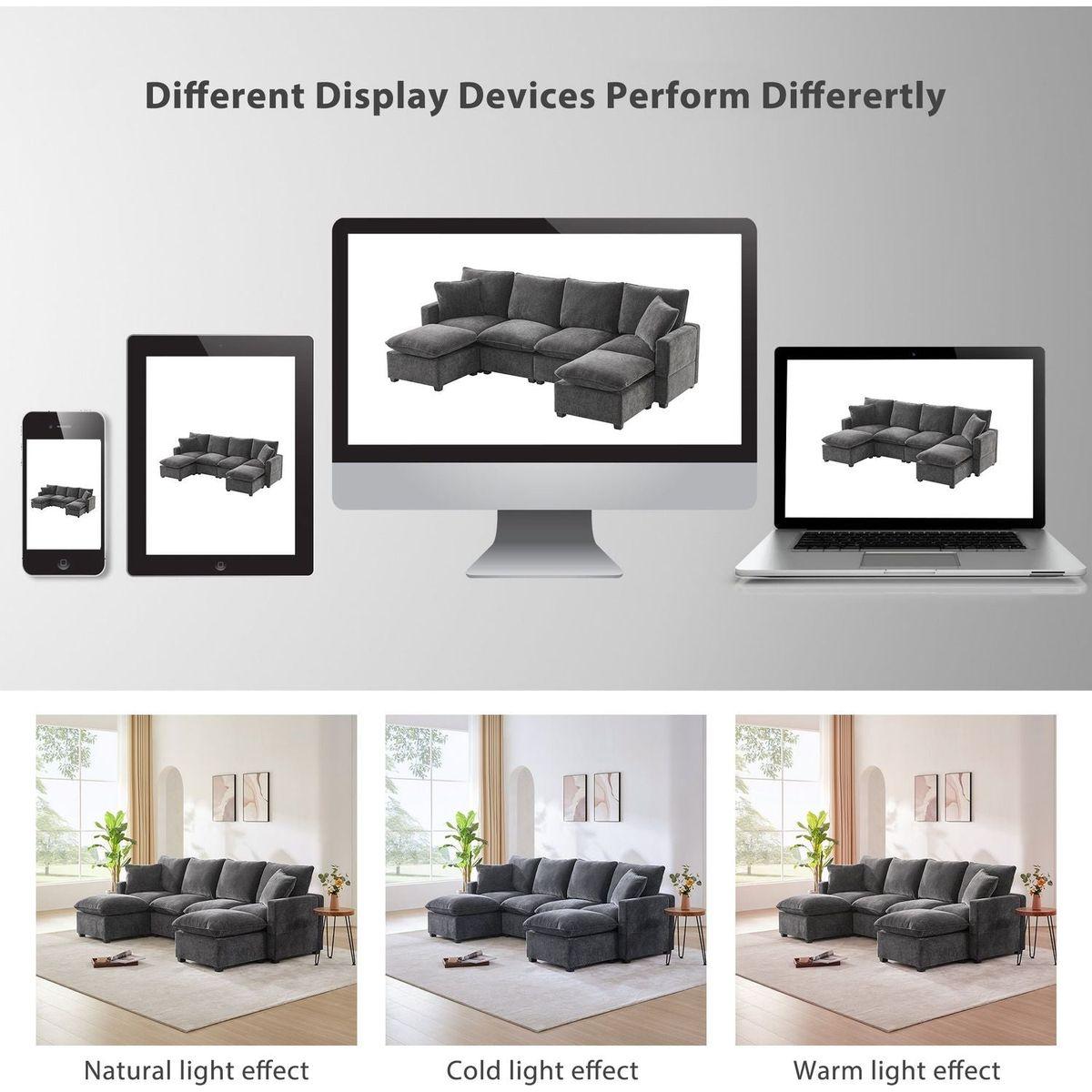 110x84" Modern U Shape Modular Sofa, 7 Seat Chenille Sectional Couch Set with 2 Pillows Included, Freely Combinable Indoor Funiture for Living Room, Apartment, Office, 2 Colors