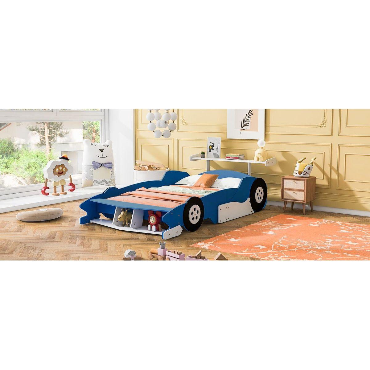 Full Size Race Car-Shaped Platform Bed with Wheels,Blue
