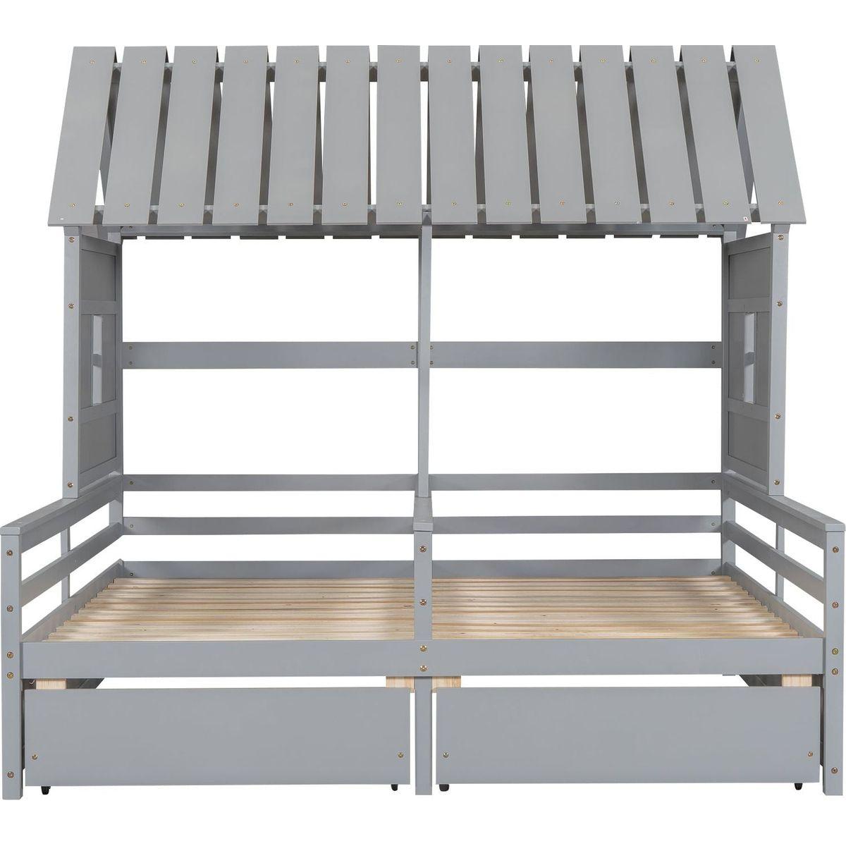 Twin Size House Platform Beds with Two Drawers for Boy and Girl Shared Beds, Combination of 2 Side by Side Twin Size Beds, Gray