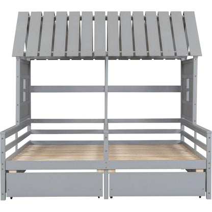 Twin Size House Platform Beds with Two Drawers for Boy and Girl Shared Beds, Combination of 2 Side by Side Twin Size Beds, Gray