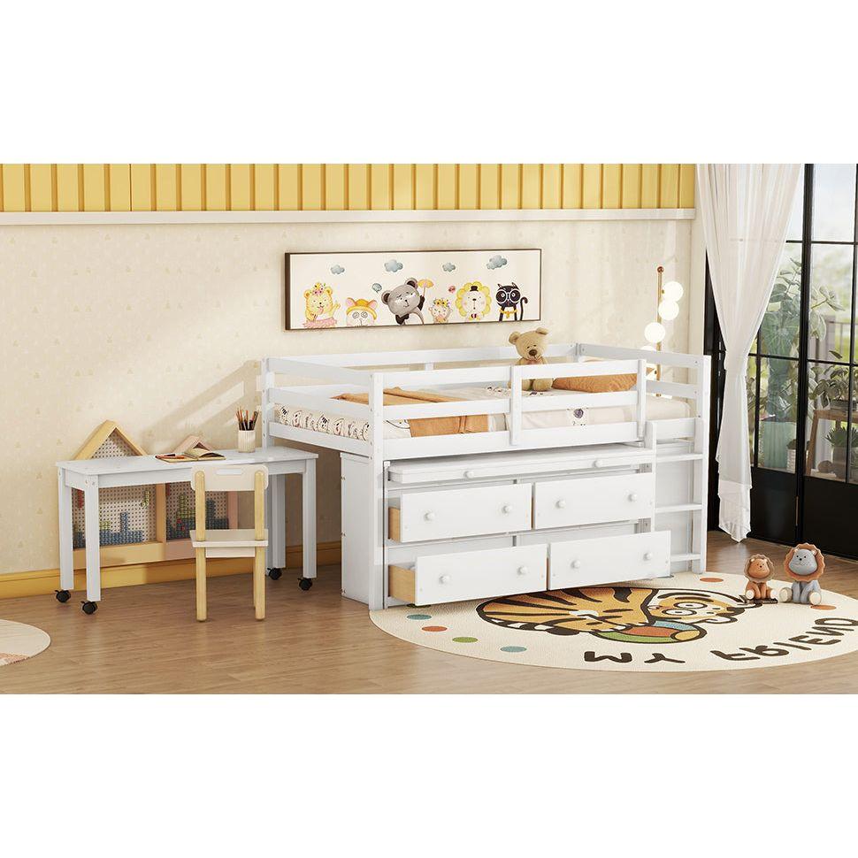 Twin Size Loft Bed with Retractable Writing Desk and 4 Drawers, Wooden Loft Bed with Lateral Portable Desk and Shelves, White