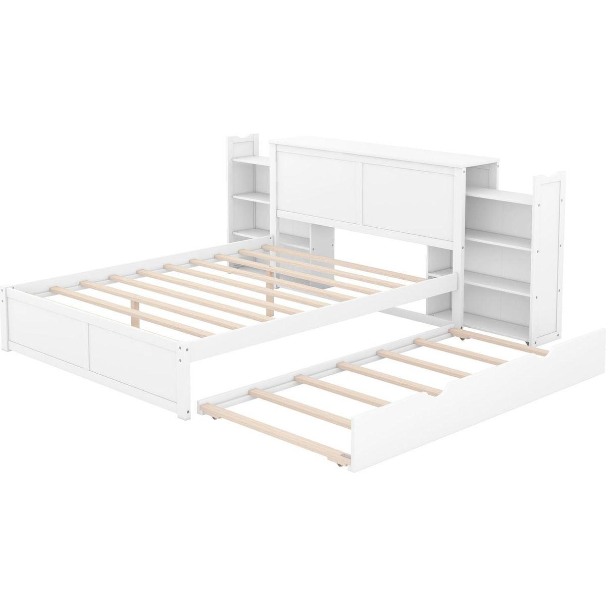 Queen Size Storage Platform Bed with Pull Out Shelves and Twin XL Size Trundle, White