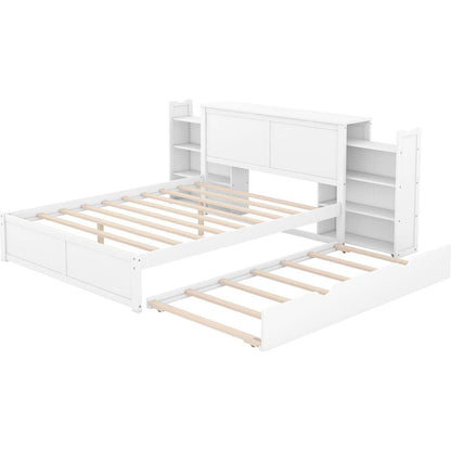 Queen Size Storage Platform Bed with Pull Out Shelves and Twin XL Size Trundle, White