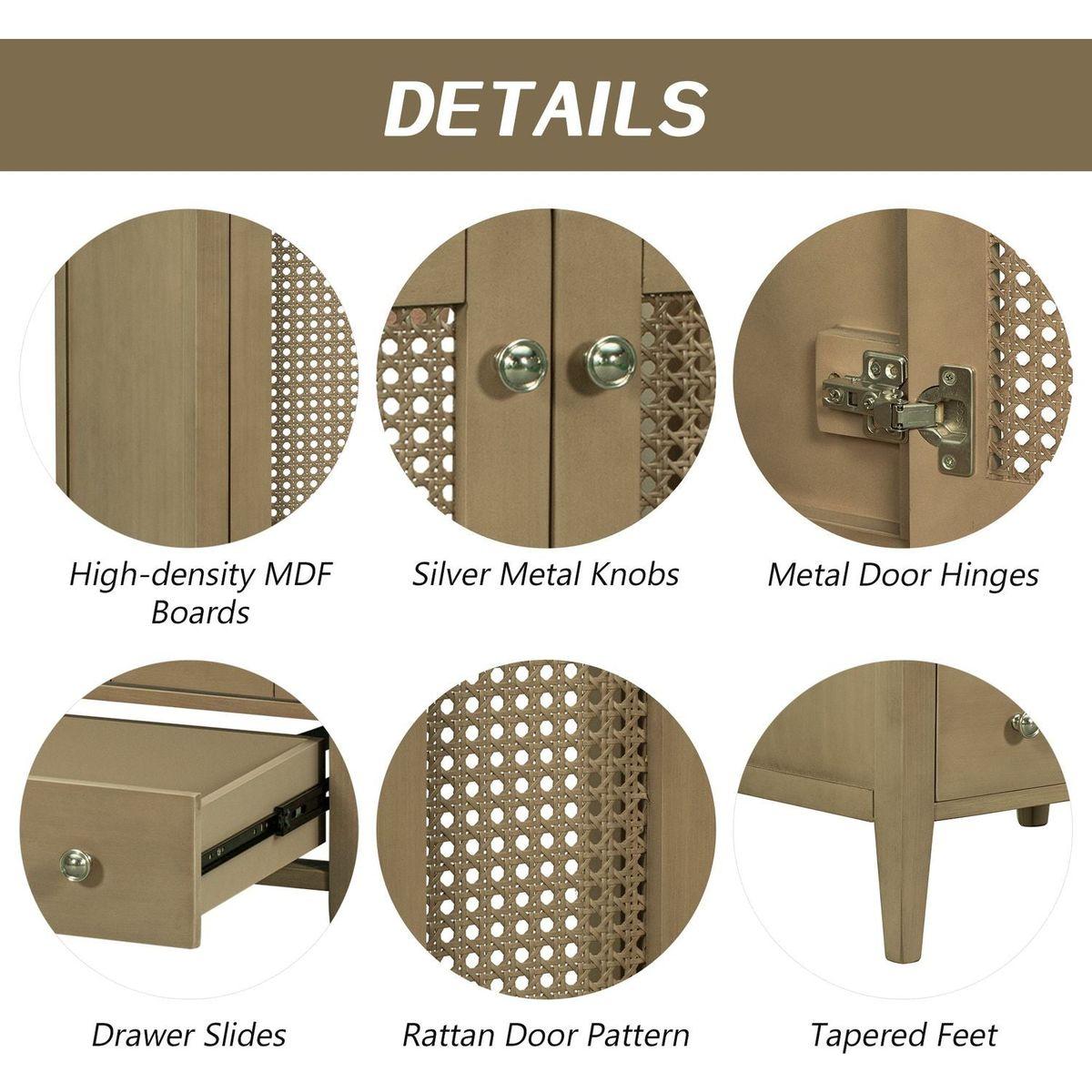 24" Bathroom Vanity with Ceramic Basin, Rattan Bathroom Storage Cabinet with Two Doors and Drawer, Solid Frame, Natural