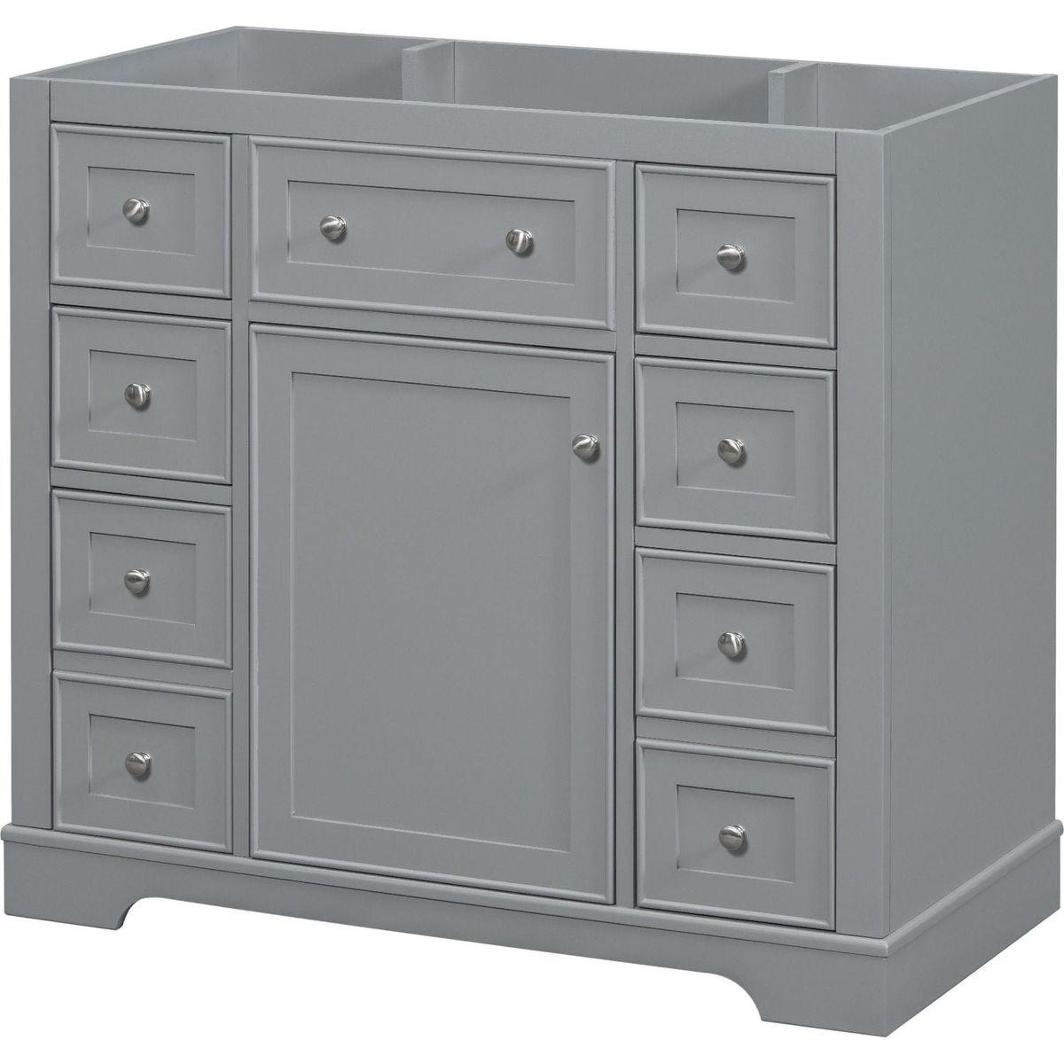 36" Bathroom Vanity without Sink, Cabinet Base Only, One Cabinet and Six Drawers, Grey