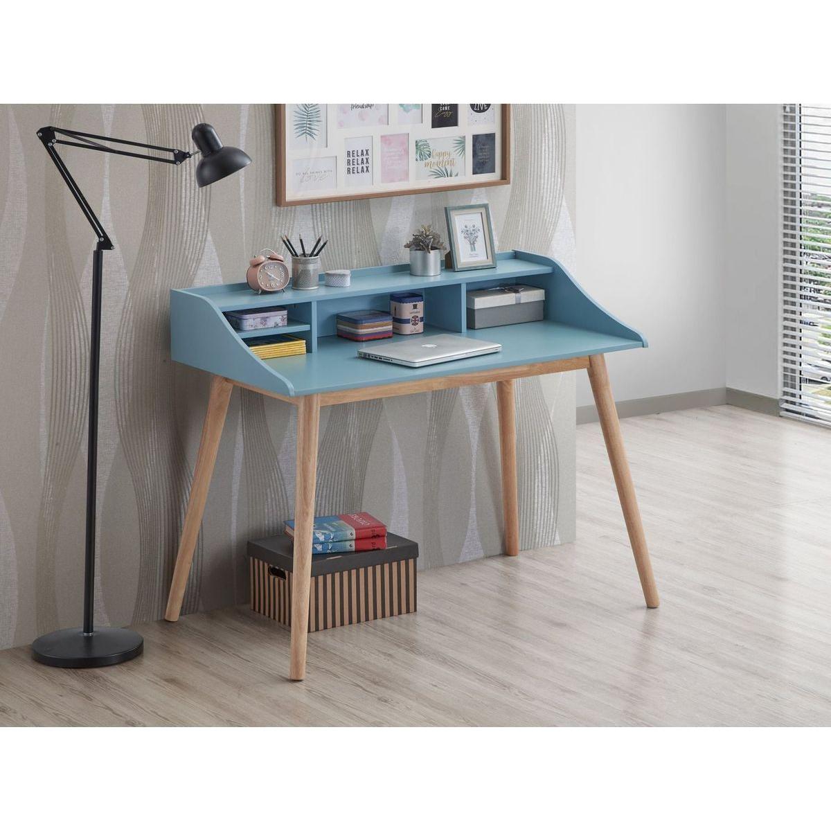 Roskilde Mid-Century Modern Wood Writing Desk with Hutch, Blue