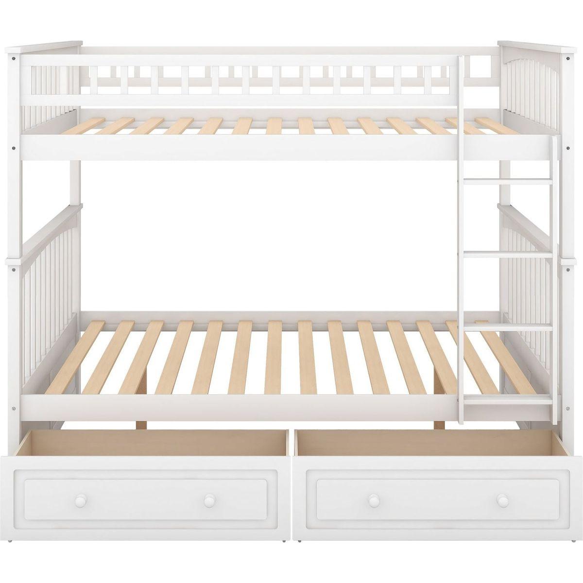 Full over Full Bunk Bed with Drawers, Convertible Beds, White