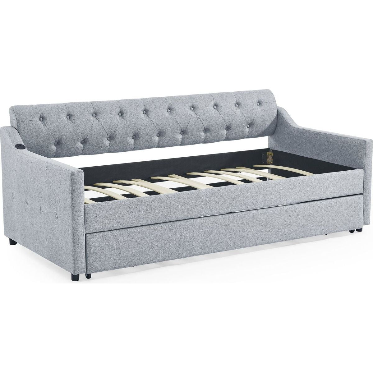Twin Size Upholstery DayBed with Twin Size Erectable Trundle and USB Charging Design, Linen Grey