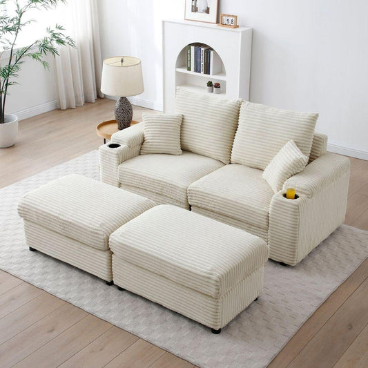 Loveseat with Ottomans,Corduroy Fabric Modular Sectional Sofa,Comfy Deep Plush Couch with Ottomans and Two Pillows,for Small Spaces, Living Room,Bedroom, Office, 5 Colors,Cream
