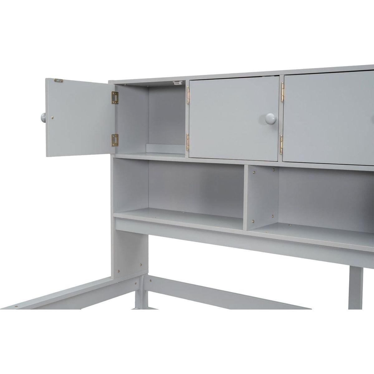Full Size Wooden Loft Bed Big Storage with Under-bed Desk, with Drawers, with Shelves, Gray