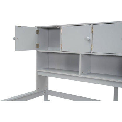 Full Size Wooden Loft Bed Big Storage with Under-bed Desk, with Drawers, with Shelves, Gray