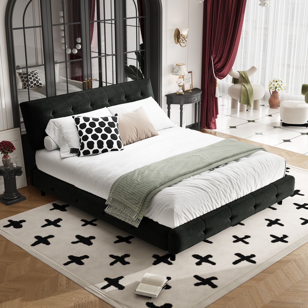 Queen Size Bed Frame,Tufted Headboard with Extra-Large Ultra-Soft Cloud Pillow Design,Chenille Platform Bed with Metal and Wooden Slats Double Support,Solid and Stable,Noise-Free,Black