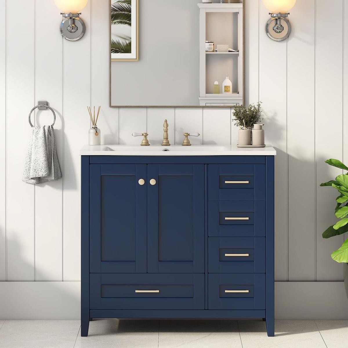 36" Bathroom Vanity with Sink Combo Set, Modern Bathroom Cabinet with 4 Drawers, Freestanding Wood Bathroom Vanity Set with Solid Wood Feet, Blue