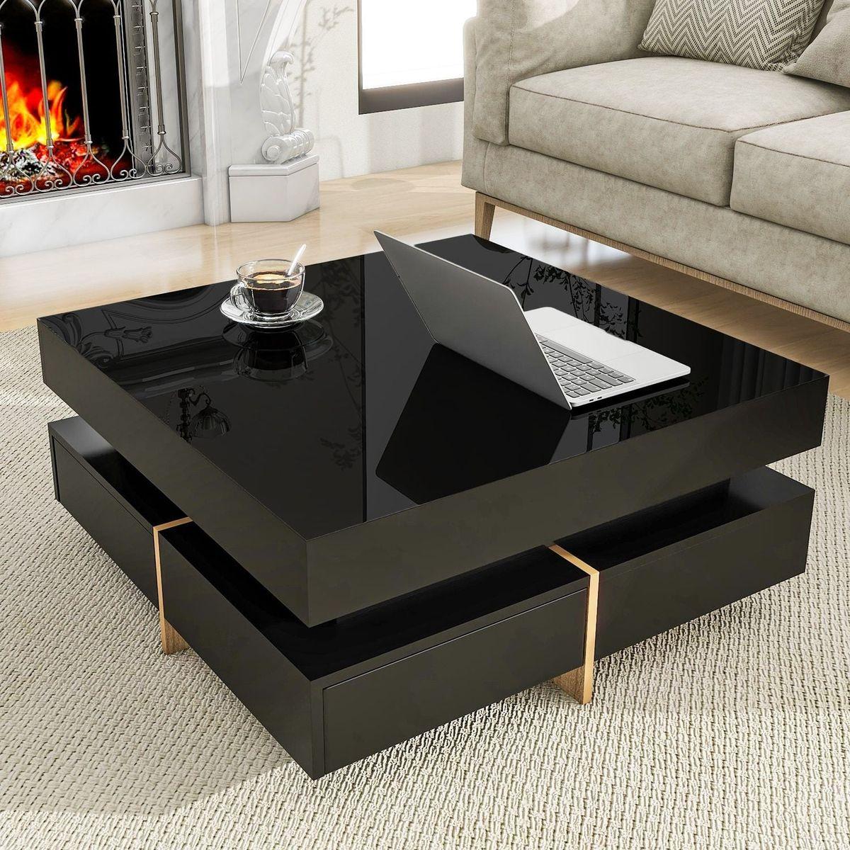 Modern High Gloss Coffee Table with 4 Drawers, Multi-Storage Square Cocktail Tea Table with Wood Grain Legs, Center Table for Living Room, 31.5"x31.5", Black