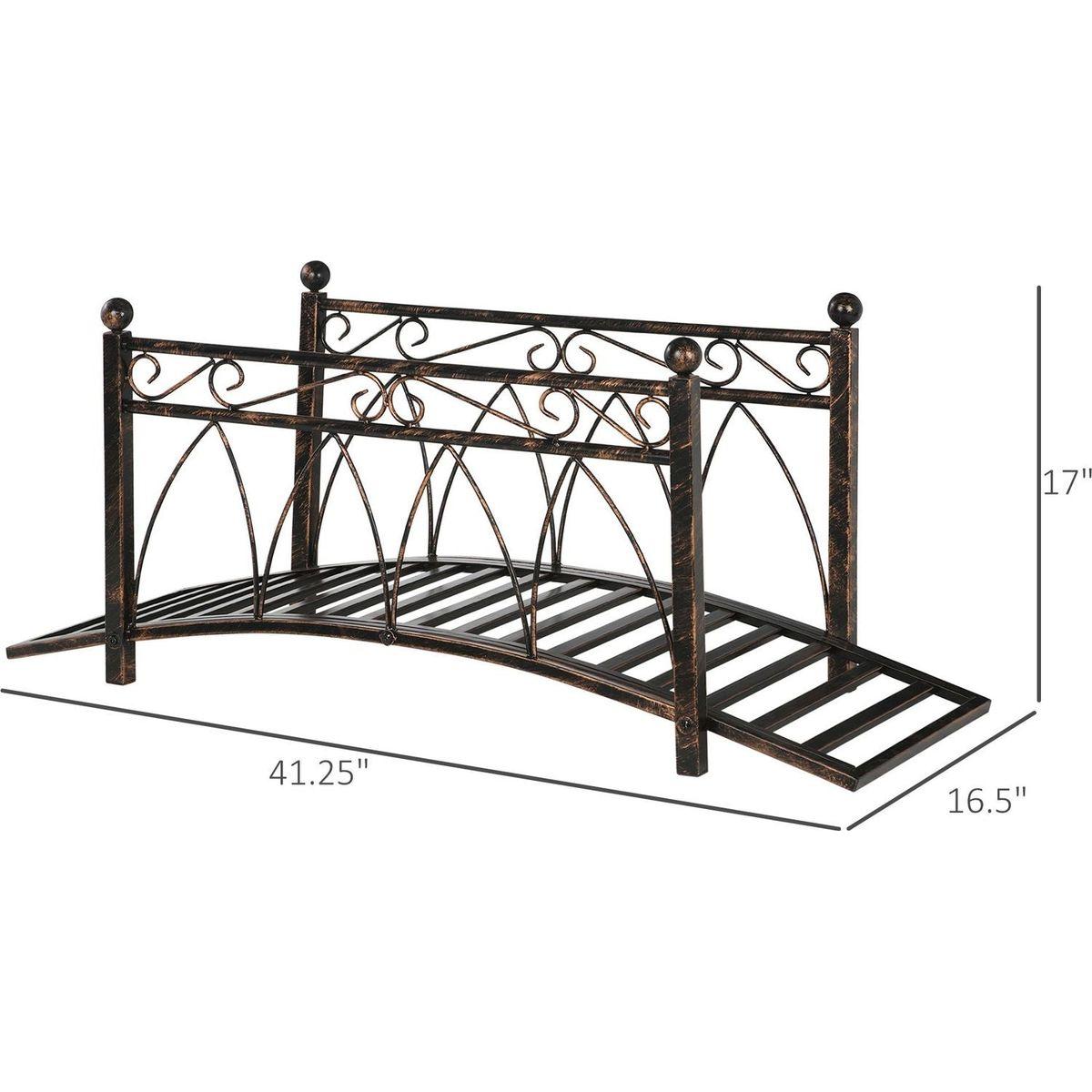 3.3' Metal Arch Zen Garden Bridge with Safety Siderails, Decorative Footbridge, Delicate Scrollwork & Corner Spheres for Stream, Fish Pond, Bronze