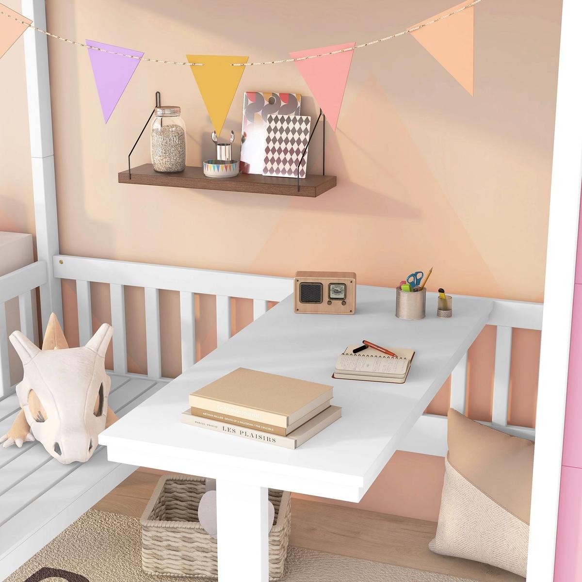 Twin-Over-Twin Bunk Bed with Changeable Table, Bunk Bed Turn into Upper Bed and Down Desk -Pink