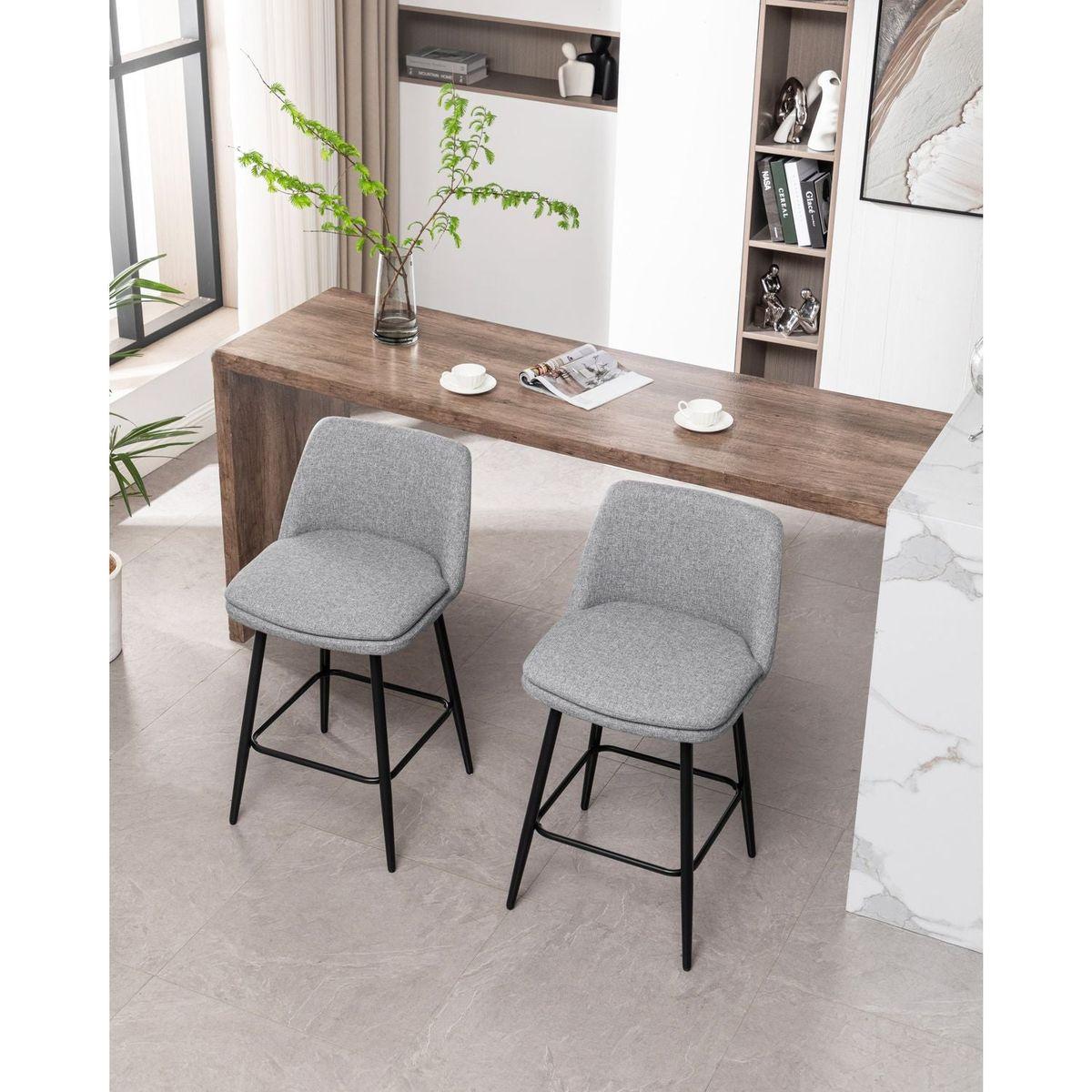 Counter Height Swivel Bar Stools Set of 2, 360 Swivel Upholstered Barstools with Back and Metal Legs, 25.6" Seat Height,Counter Stools for Kitchen Island and Pub,Linen Cloth,Grey