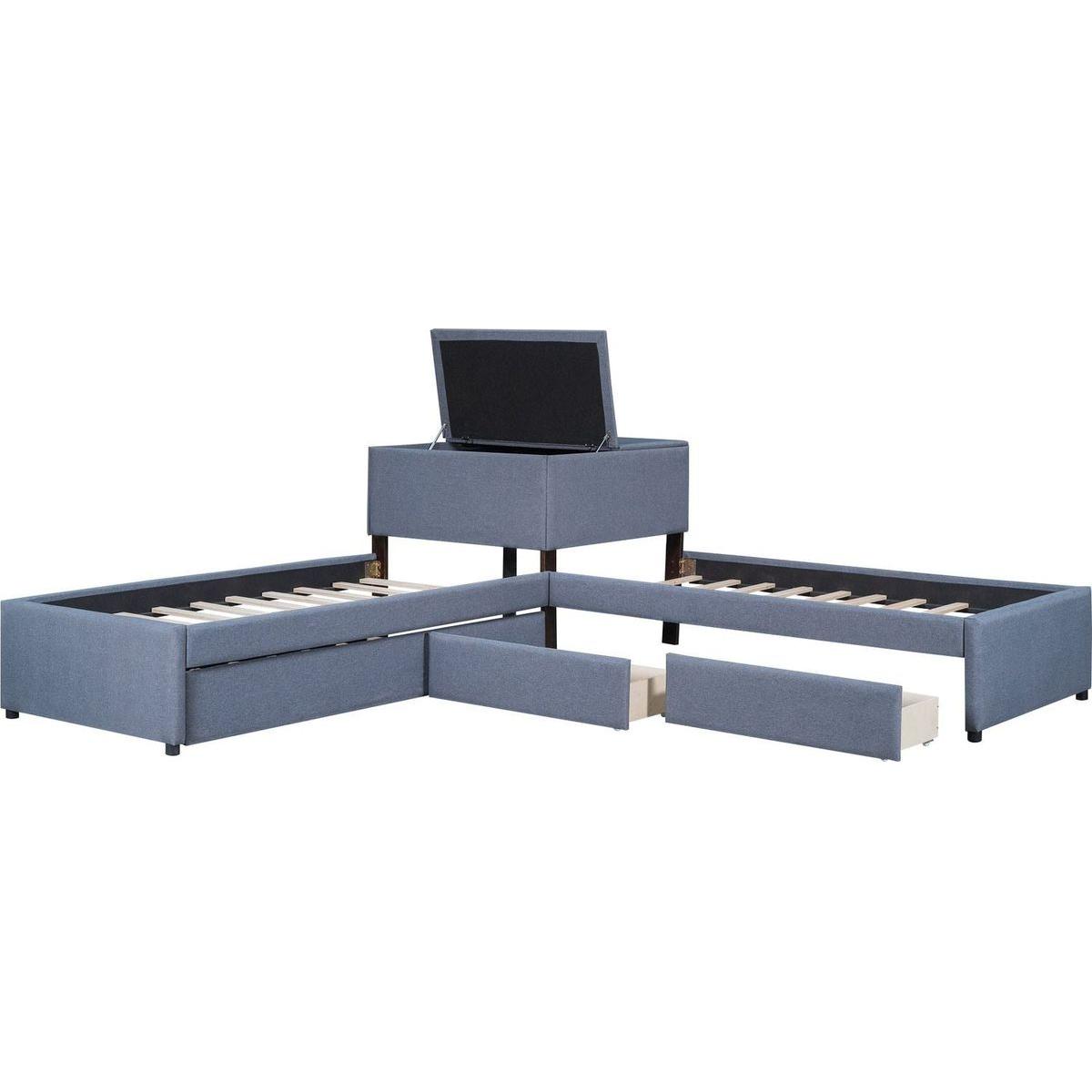 L-shaped Upholstered Platform Bed with Trundle and Two Drawers Linked with built-in Desk,Twin,Gray