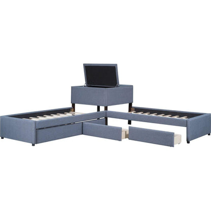 L-shaped Upholstered Platform Bed with Trundle and Two Drawers Linked with built-in Desk,Twin,Gray