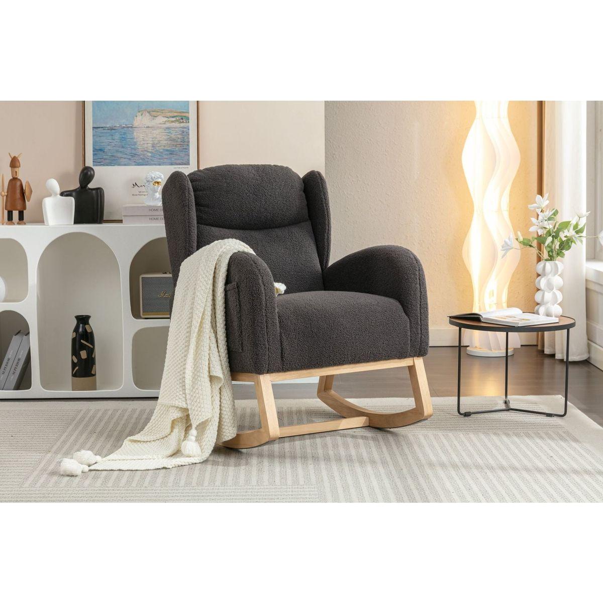 Teddy Fabric Rocking Chair With Packet Wood Legs,Dark Gray