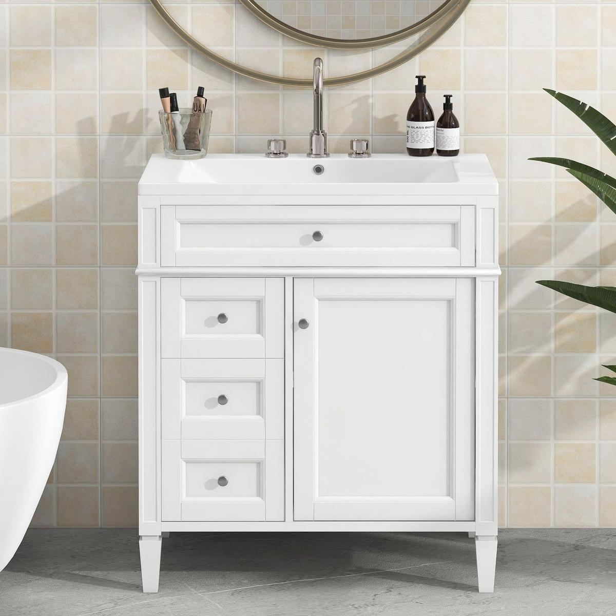 30" Bathroom Vanity with Top Sink, Modern Bathroom Storage Cabinet with 2 Drawers and a Tip-out Drawer, Single Sink Bathroom Vanity