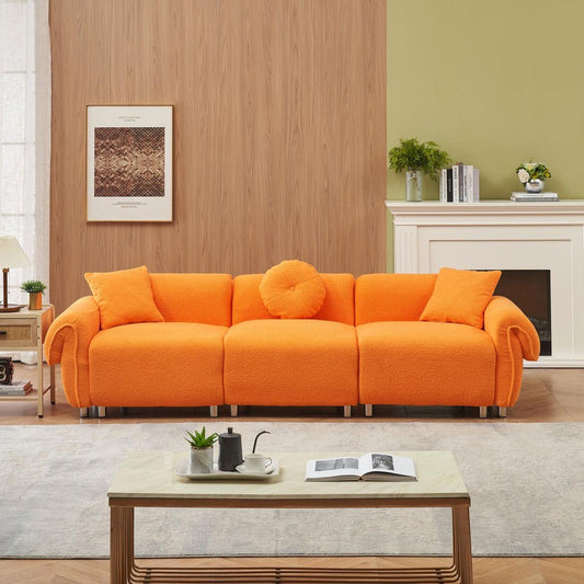 orange teddy velvet fabric, with 3 pillows, three-person sofa can be placed in the living room and other scenes