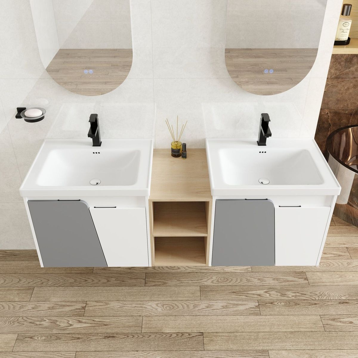 60 Inch Wall-Mounted Bathroom Vanity With Sink,, and A Small Storage Shelves (KD-Packing)