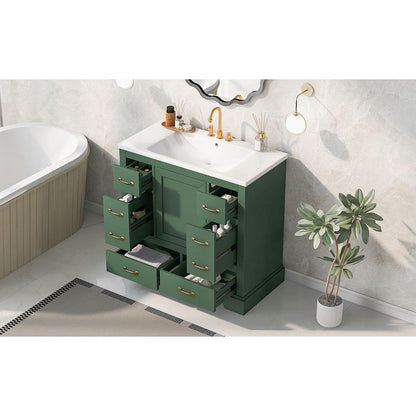 36" Bathroom Vanity with Sink Combo, Six Drawers, Multi-Functional Drawer Divider, Adjustable Shelf, Green