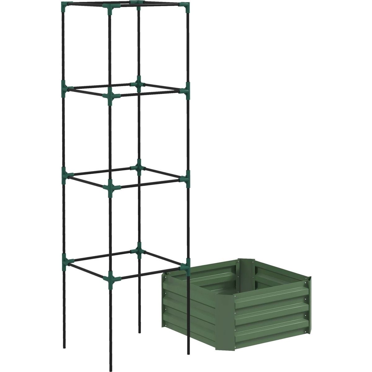 Galvanized Raised Garden Bed, 24" x 24" x 11.75" Outdoor Planter Box with Trellis Tomato Cage and Open Bottom for Climbing Vines, Vegetables, Flowers in Backyard, Garden, Patio, Green